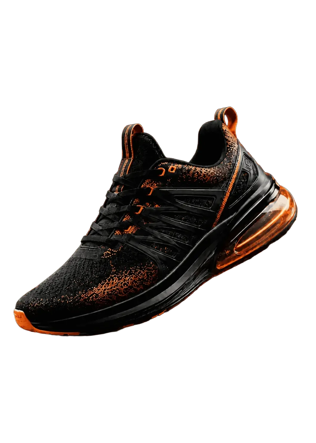 Black and orange running shoe isolated on a transparent background