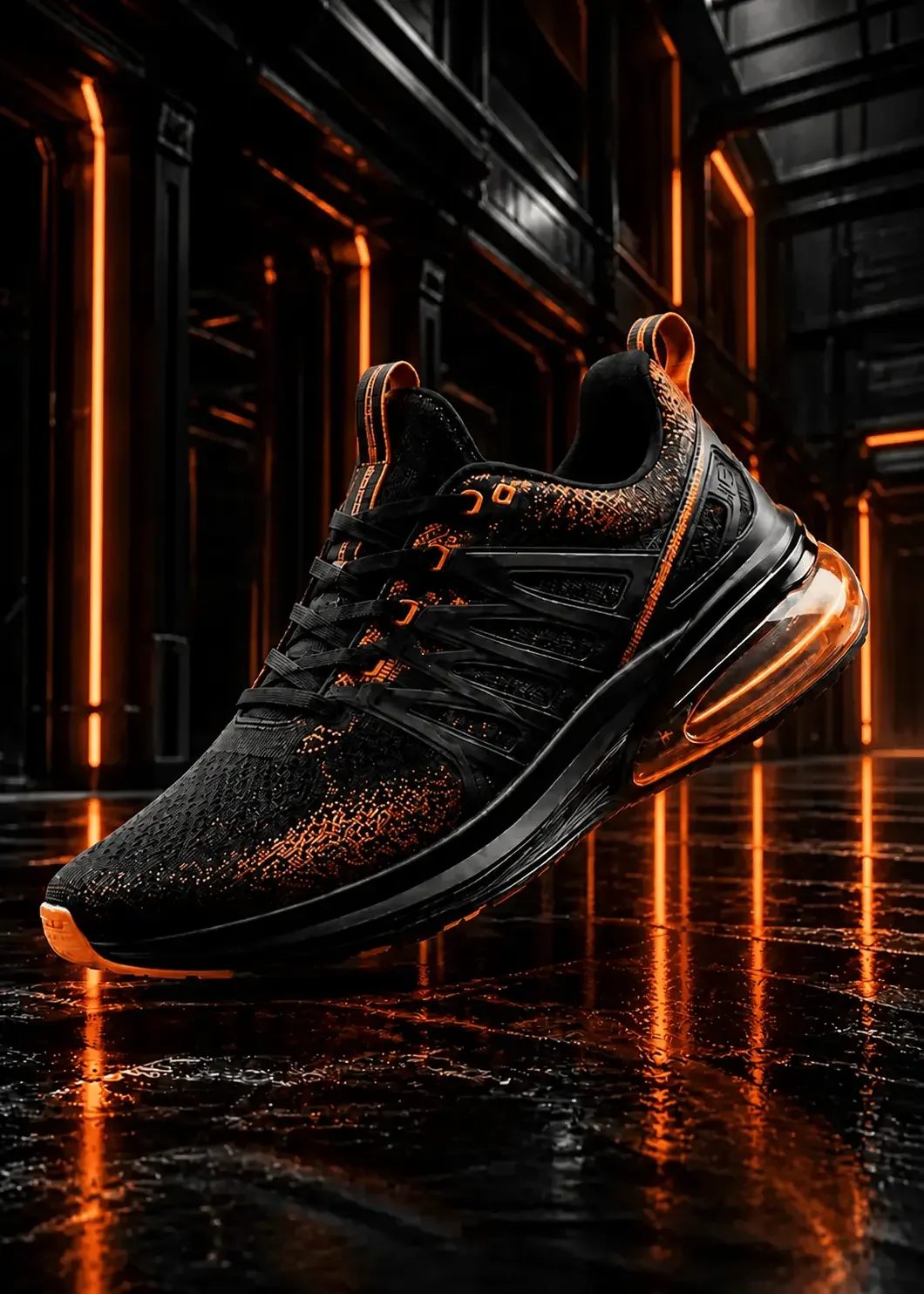 Black and orange running shoe in a dark product-photo setting before background removal