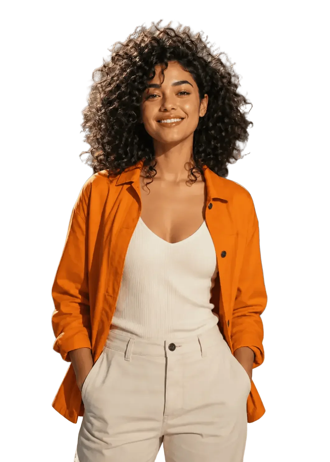 Woman with curly hair isolated on a transparent background
