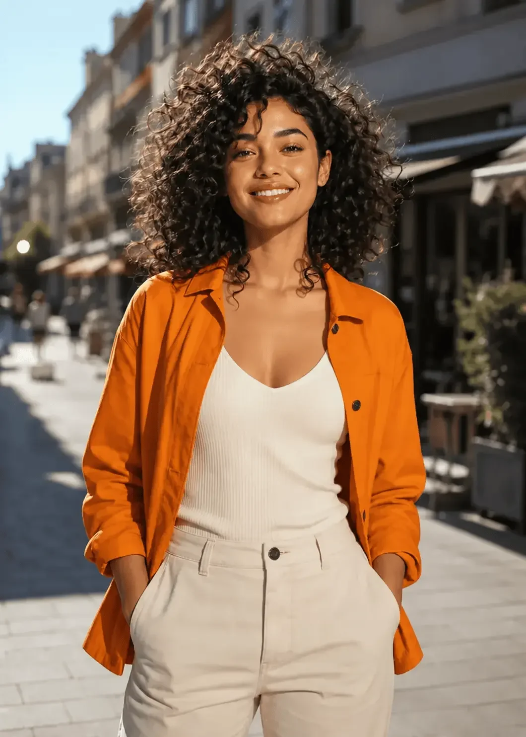 Woman with curly hair standing on a street before background removal