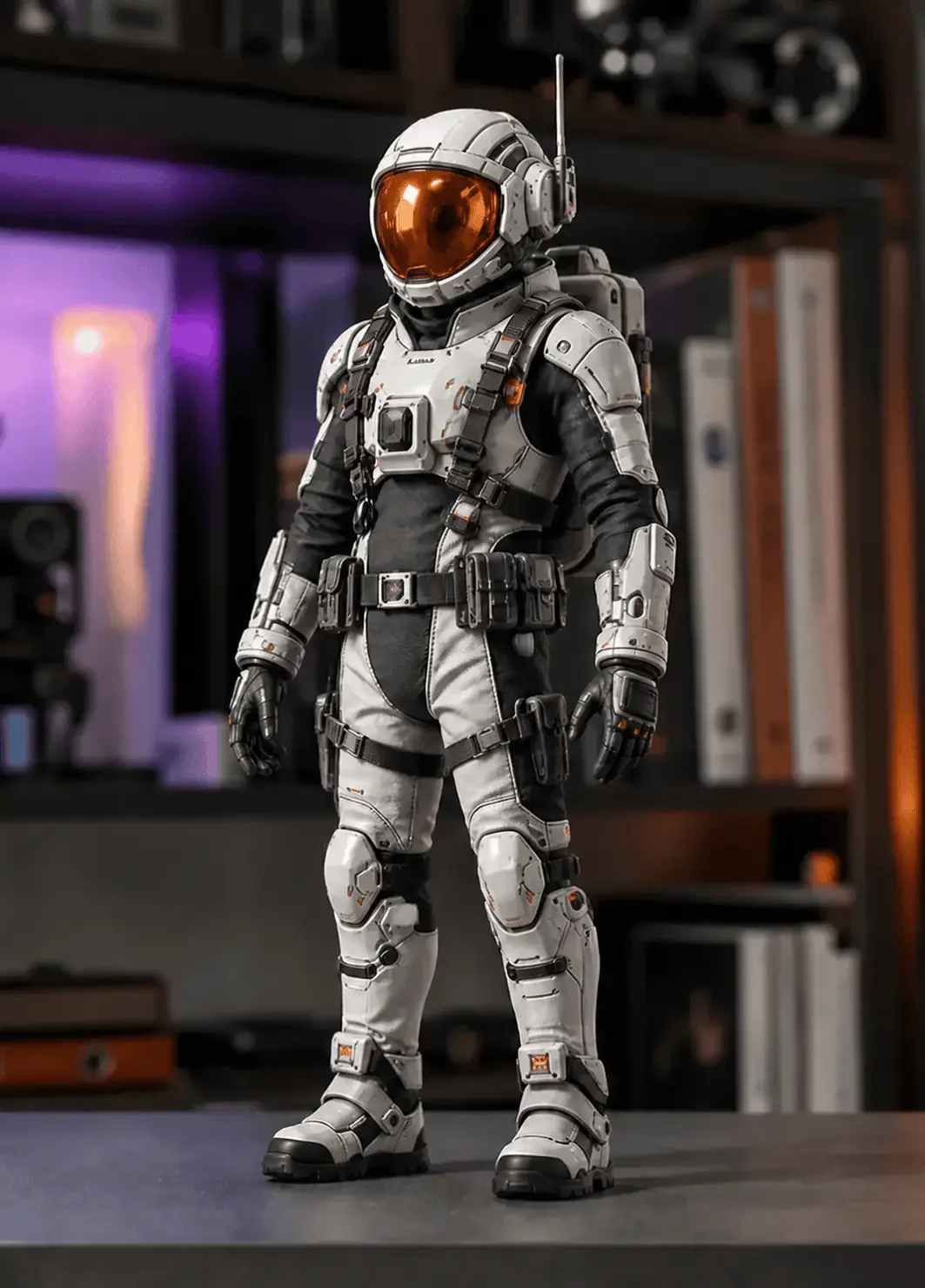 Astronaut figure displayed in front of shelves before background removal