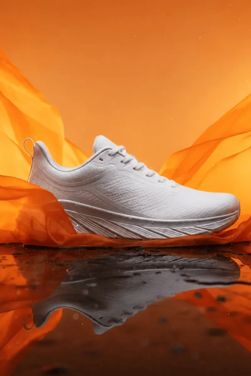 White sneaker in an orange-lit reflective setting after AI image transformation