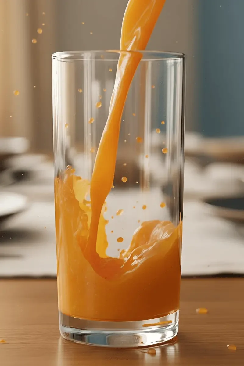 Orange juice pouring into a clear glass after AI image transformation