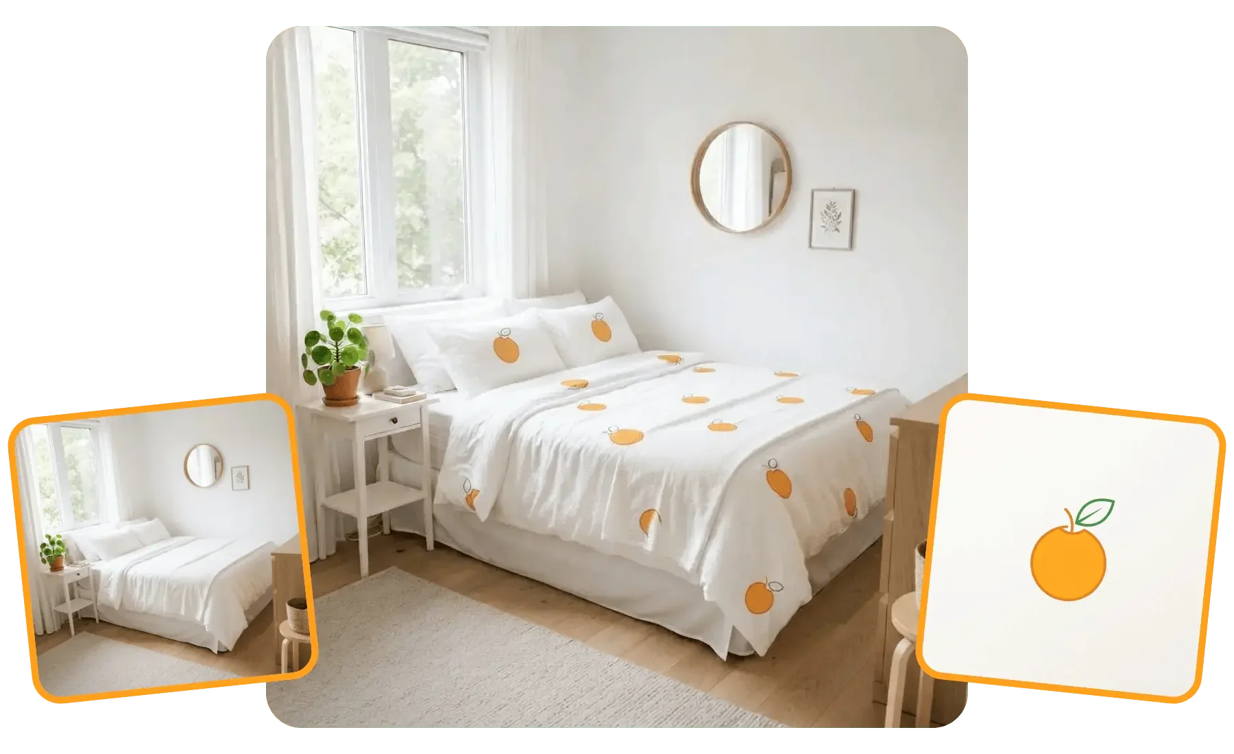 Bedroom mockup showing orange logos added to the bedding from reference images