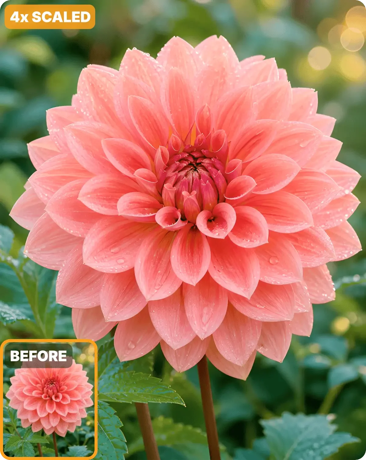 Comparison showing a pink flower image enlarged 4x with restored detail
