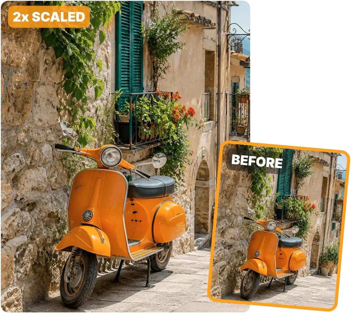 Comparison showing an orange scooter photo enlarged 2x with sharper detail