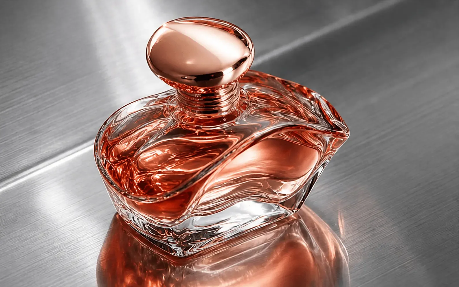 AI-generated rose-colored perfume bottle on a reflective metallic surface