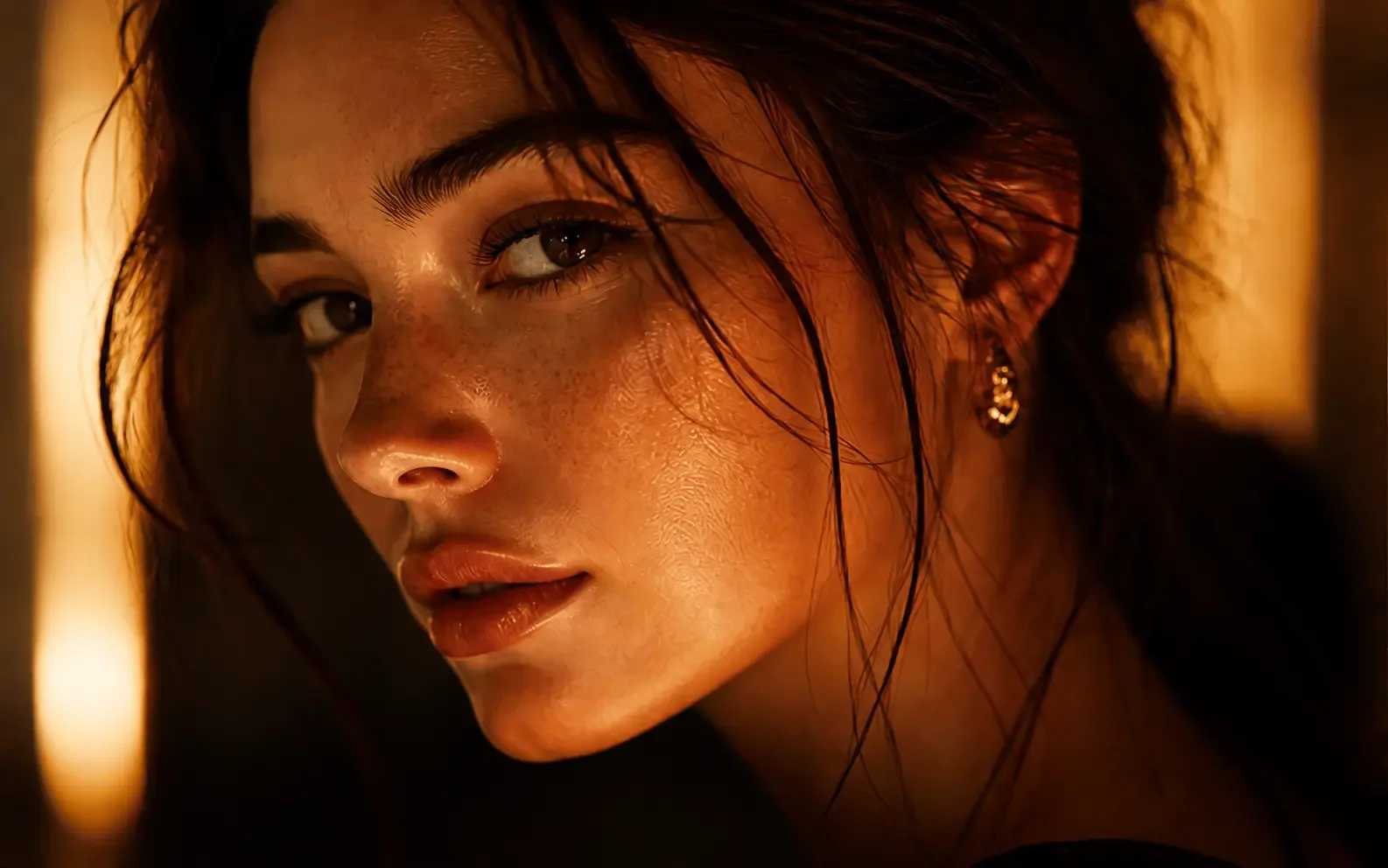 Cinematic close-up portrait of a woman in warm light