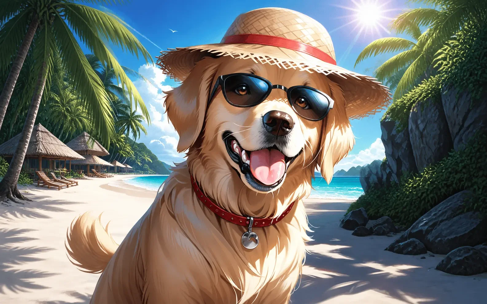 Golden retriever wearing sunglasses and a sun hat on a tropical beach