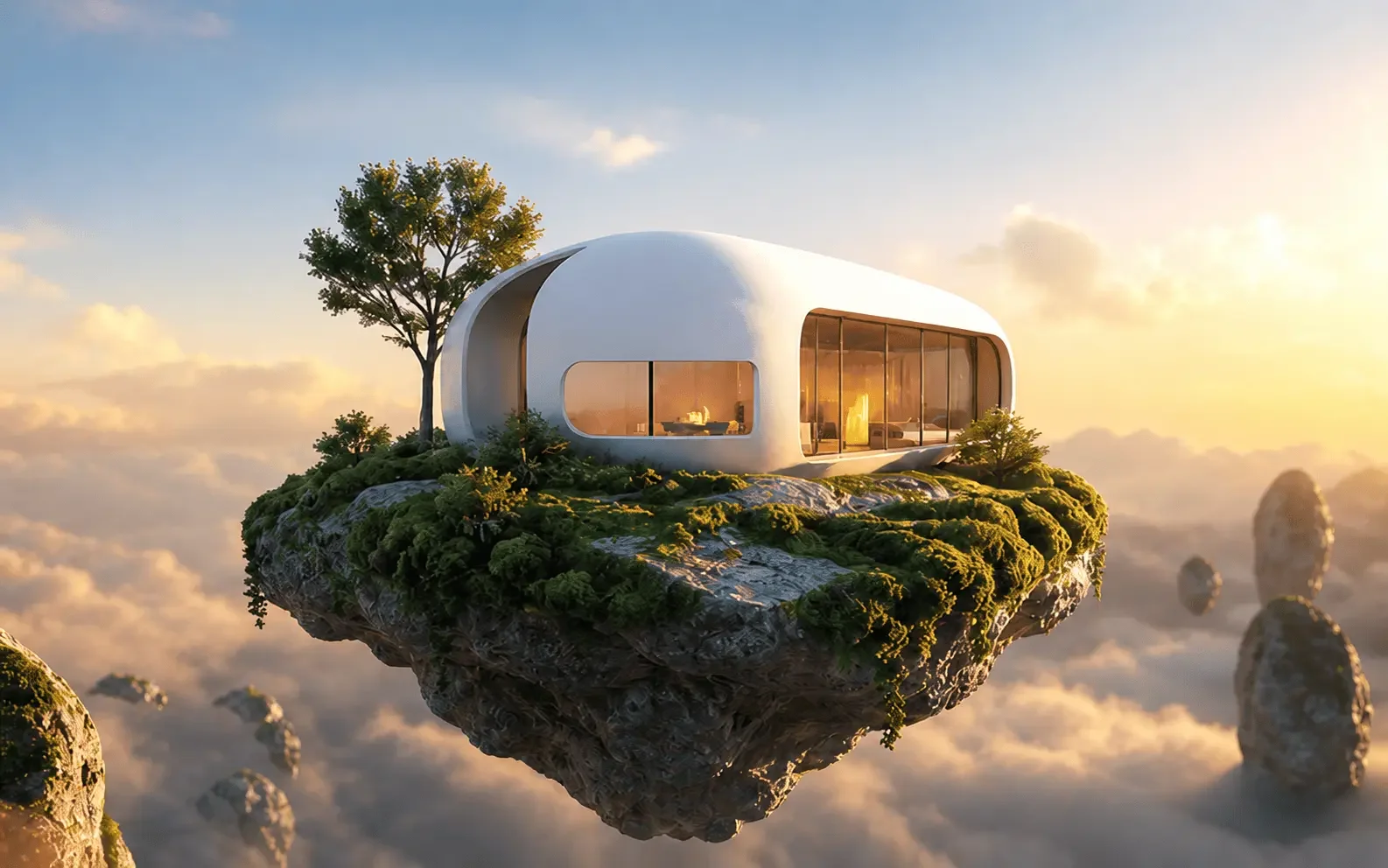 Futuristic white house on a floating island above the clouds