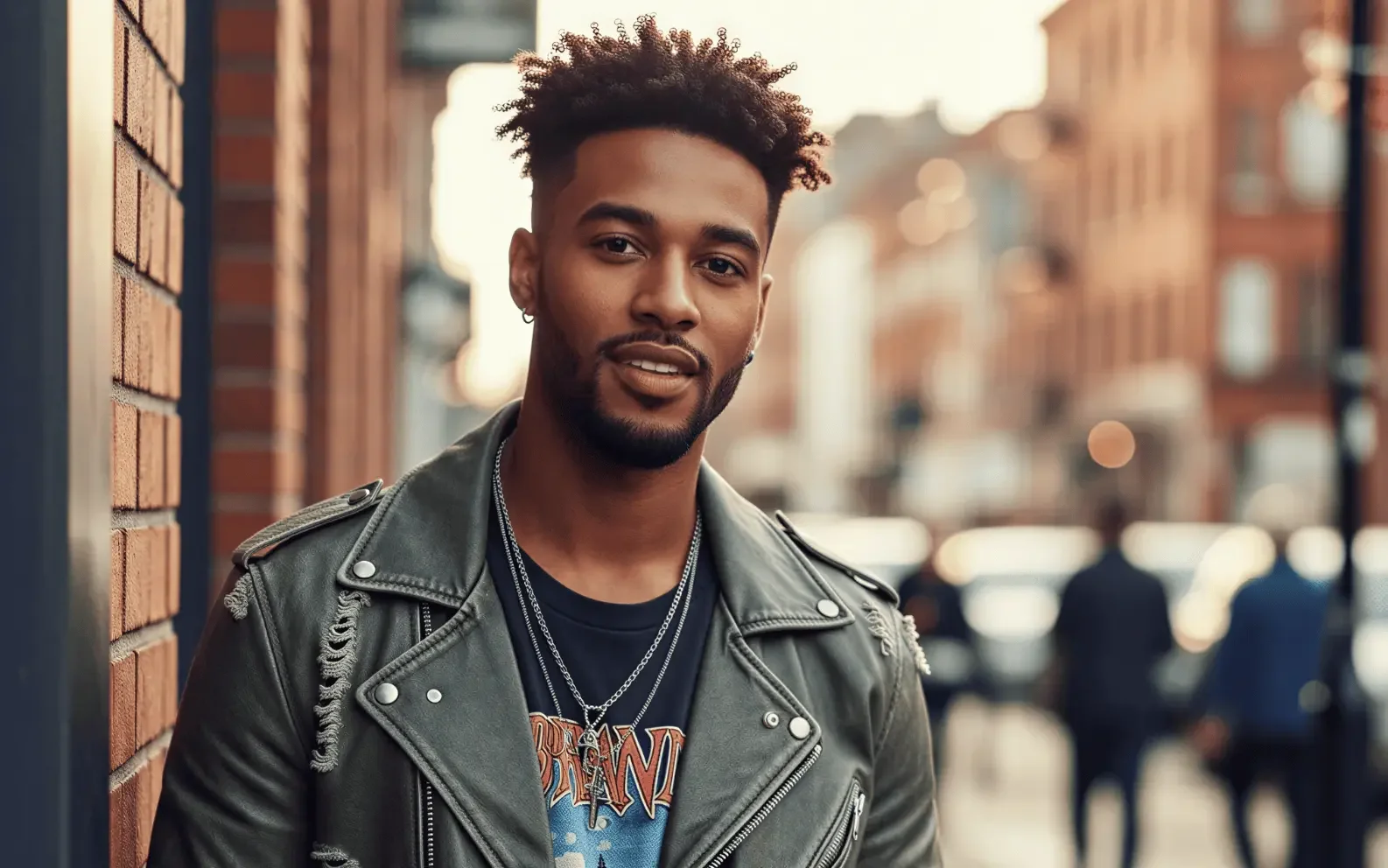 Photorealistic street portrait of a man wearing a black jacket
