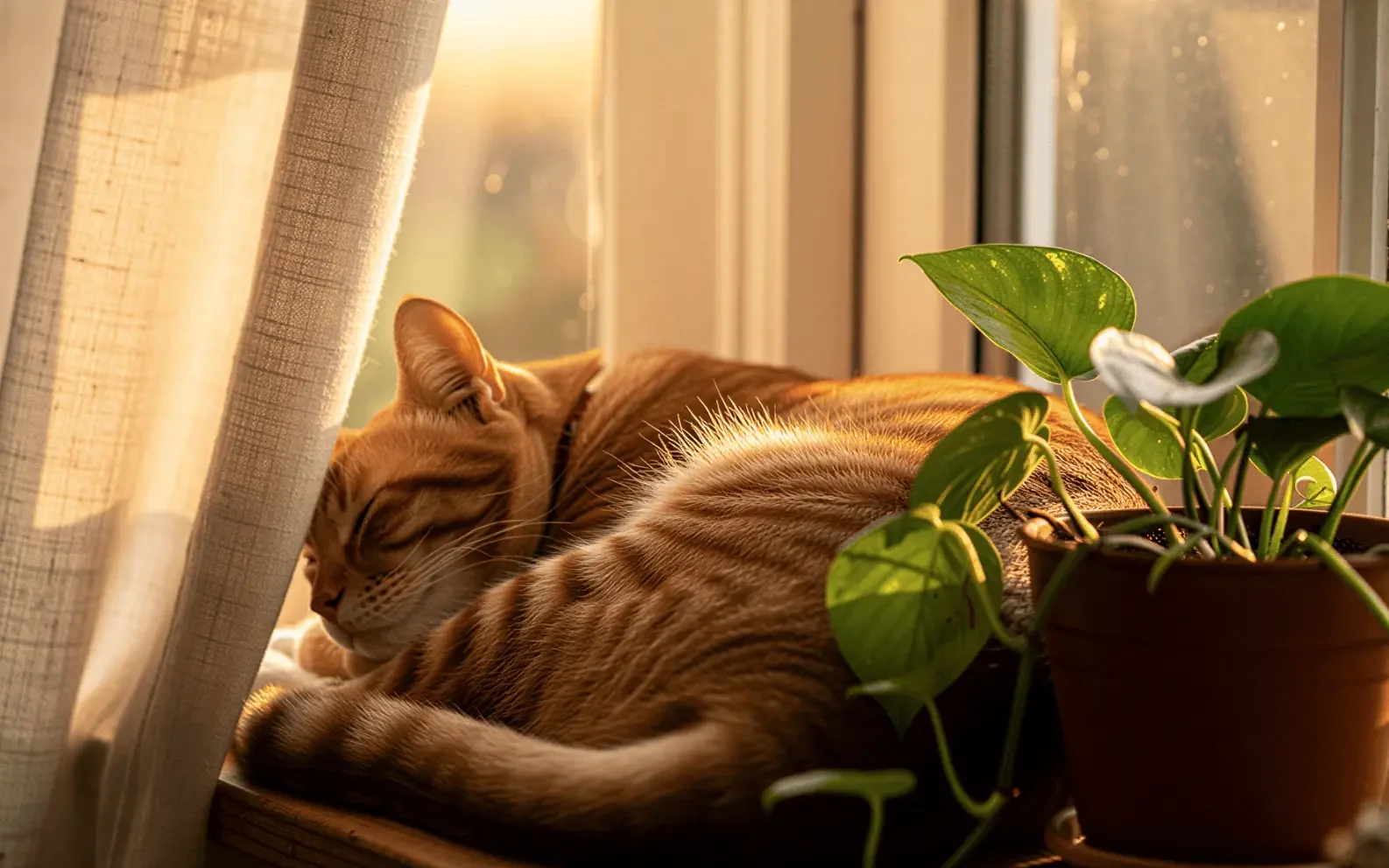 Orange tabby cat sleeping beside a plant in a sunny window