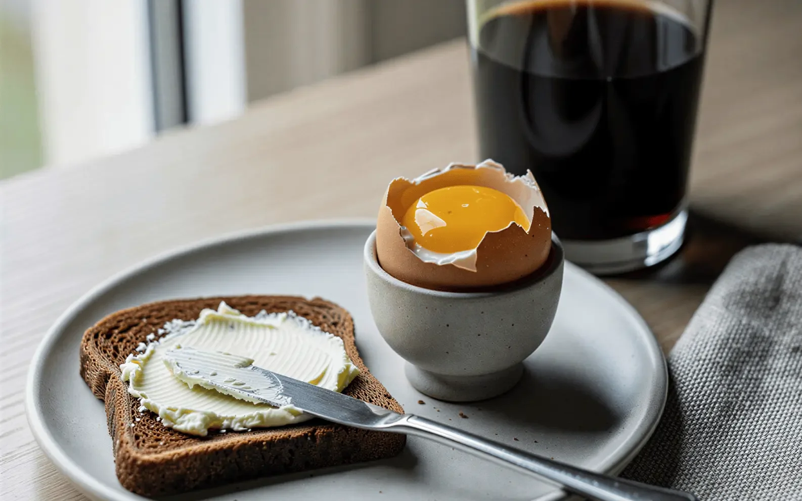 Toast and a soft-boiled egg served on a breakfast tray