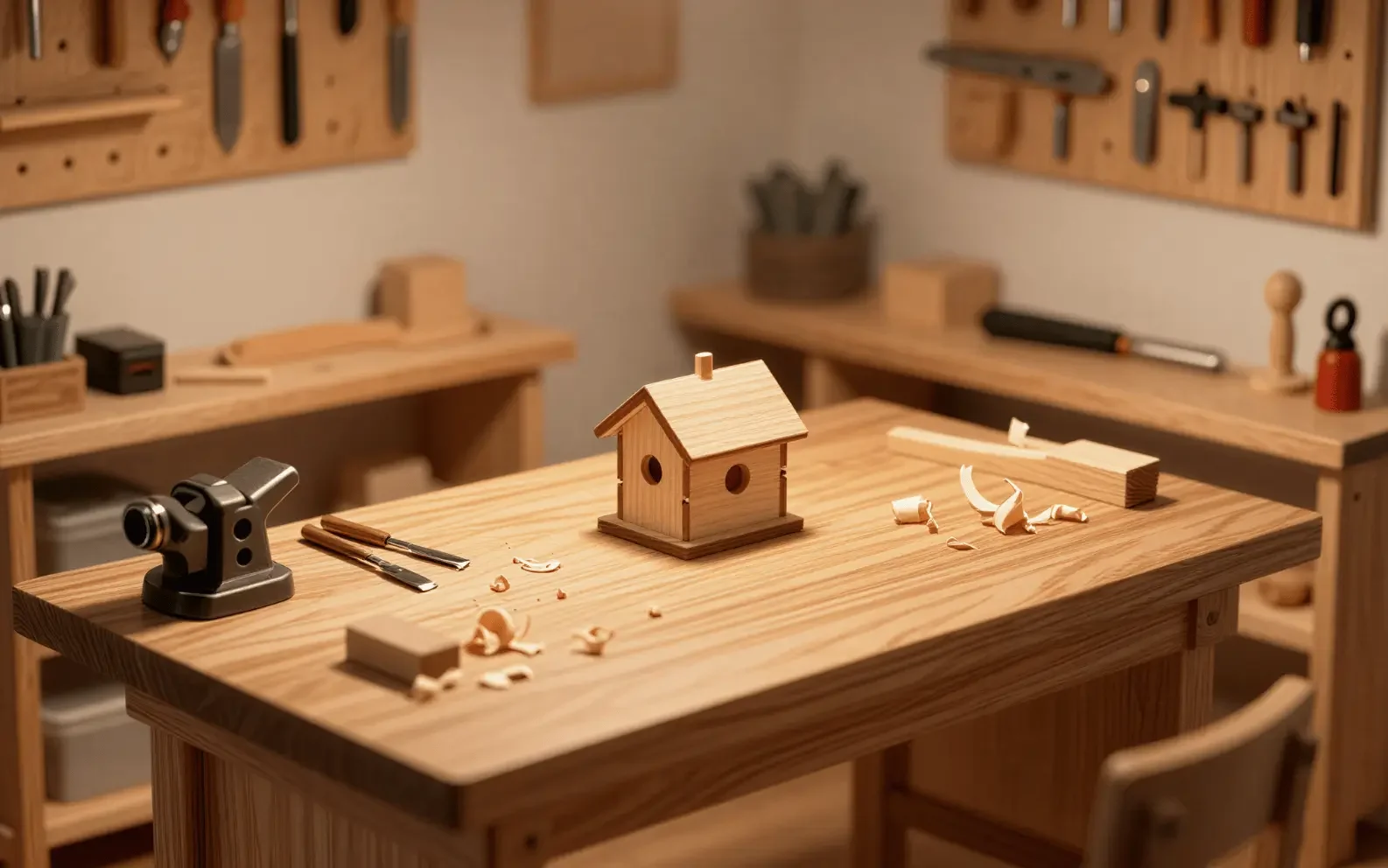 Miniature woodworking studio with a small wooden house on the bench