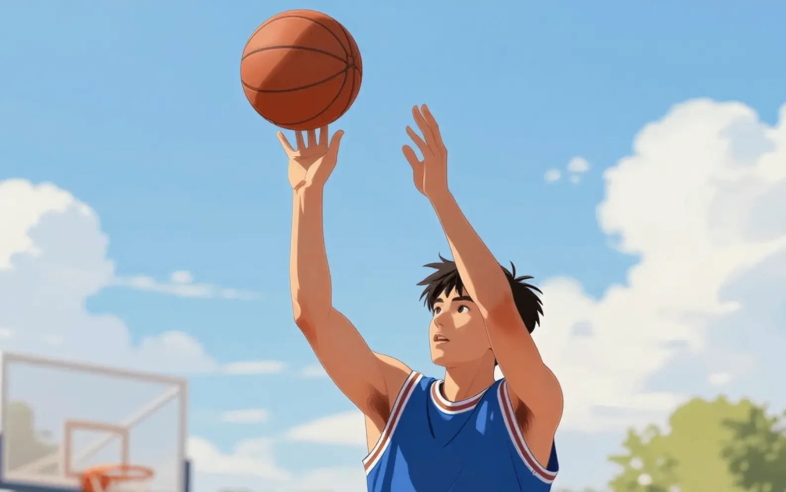 Anime-style basketball player reaching up to shoot the ball
